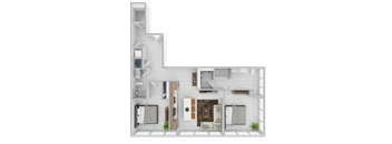 A 3D floor plan of a house with a kitchen, living room, and bathroom.