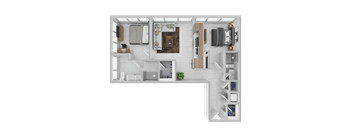 A 3D floor plan of a small apartment with a kitchen, living room, and bathroom.