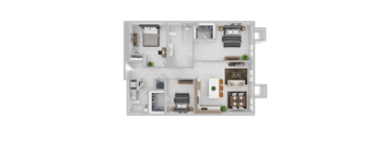 A top-down view of a house layout with a kitchen, living room, and bedrooms.