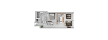 A top-down view of a house layout with a living room, kitchen, and two bedrooms.