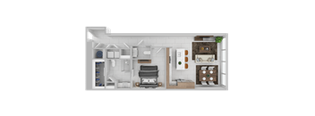 A 3D rendered image of a modern kitchen and living room.