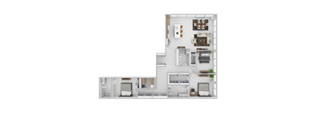 A diagram of a house layout with a kitchen, living room, and bedrooms.