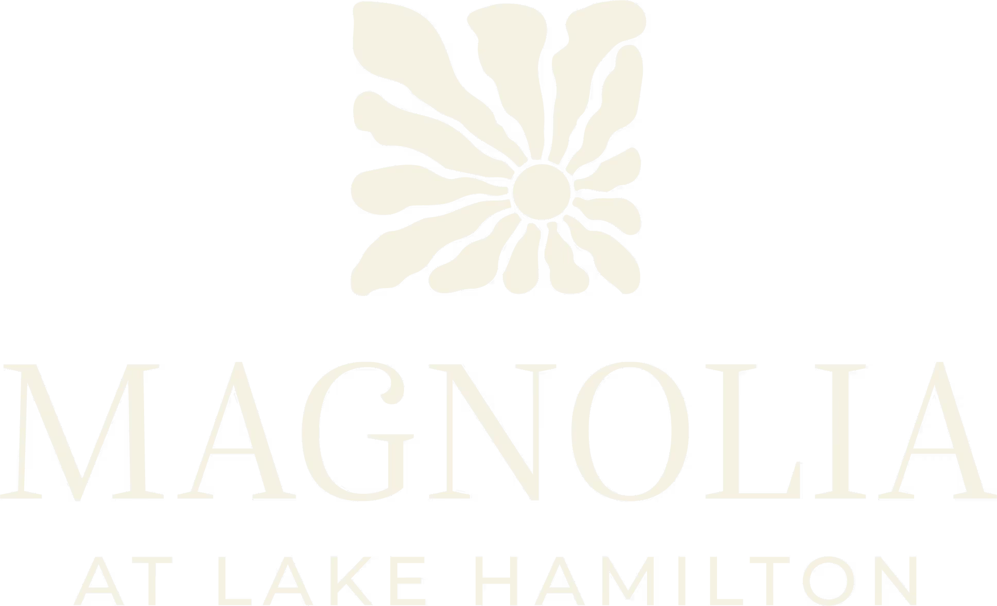 A logo with a flower and the words "Magnolia at Lake Hamilton" in black and white.