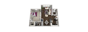 A 3D rendered image of a small apartment layout.