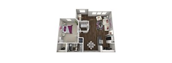A 3D floor plan of a small apartment with a kitchen, living room, and bedroom.