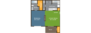 A floor plan of a house with a bedroom, living room, kitchen, and bath.