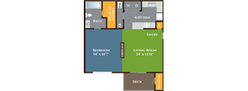 A floor plan of a home with a bedroom, living room, kitchen, and bath.