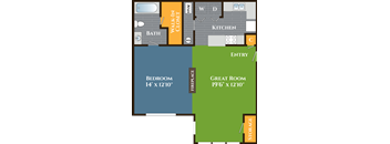 A floor plan of a house with a bedroom, a great room, a kitchen, a bath, a walk-in closet, and a fireplace.
