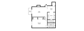 A floor plan of a house with a living room, dining room, kitchen, bedroom, and bathroom.