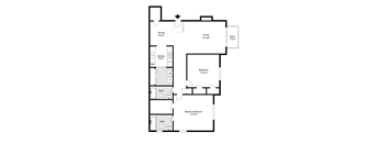 A floor plan of a house with a living room, dining room, kitchen, two bathrooms, a patio, and a master bedroom.