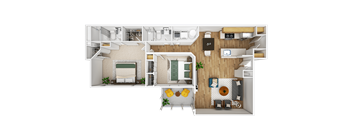 A top-down view of a house layout with a living room, kitchen, and bathroom.