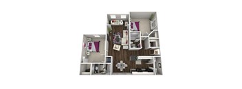 A 3D floor plan of a small apartment with a kitchen, living room, and bedroom.