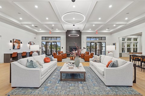 A living room with a grey sofa, a coffee table and a rug.