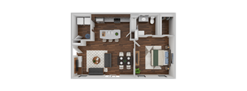 A top-down view of a small apartment with a kitchen, living room, and bathroom.