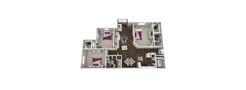 A 3D rendered image of a small apartment layout.