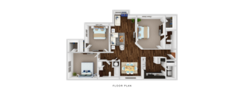 A floor plan of a house with two bedrooms, a living room, a kitchen, and a bathroom.