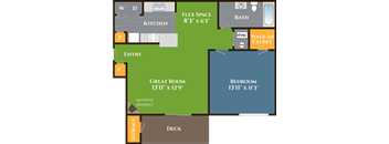 A floor plan of a house with a kitchen, bath, and two bedrooms.