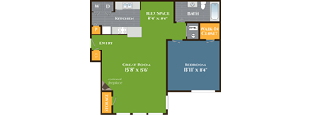A floor plan of a house with a kitchen, great room, and bedroom.