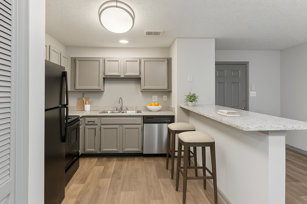 A kitchen with a black refrigerator and wooden floors.