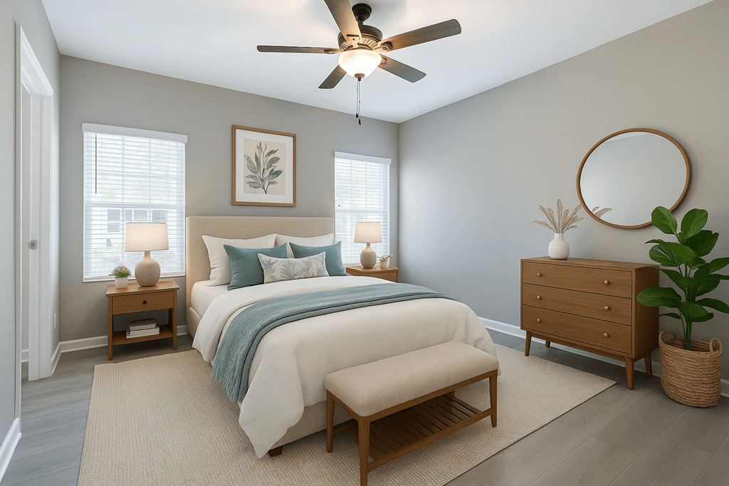 A bedroom with a bed, nightstands, and a ceiling fan  at Club Villas Apartments, Kathleen, GA, 31047
