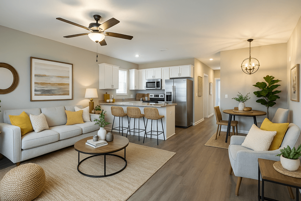 A modern living room with a white sofa, a coffee table, and a ceiling fan  at Club Villas Apartments, Kathleen, GA, 31047