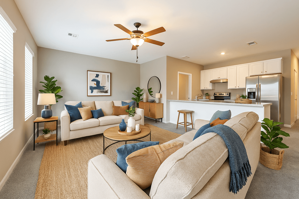 A living room with a beige couch and a ceiling fan  at Club Villas Apartments, Kathleen, GA, 31047