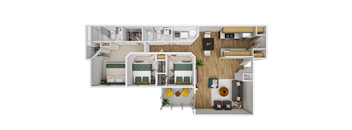 A detailed floor plan of a small apartment with a kitchen, living room, and bedroom.