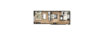 A floor plan of a room with a bed, a couch, a table, and a small kitchenette.