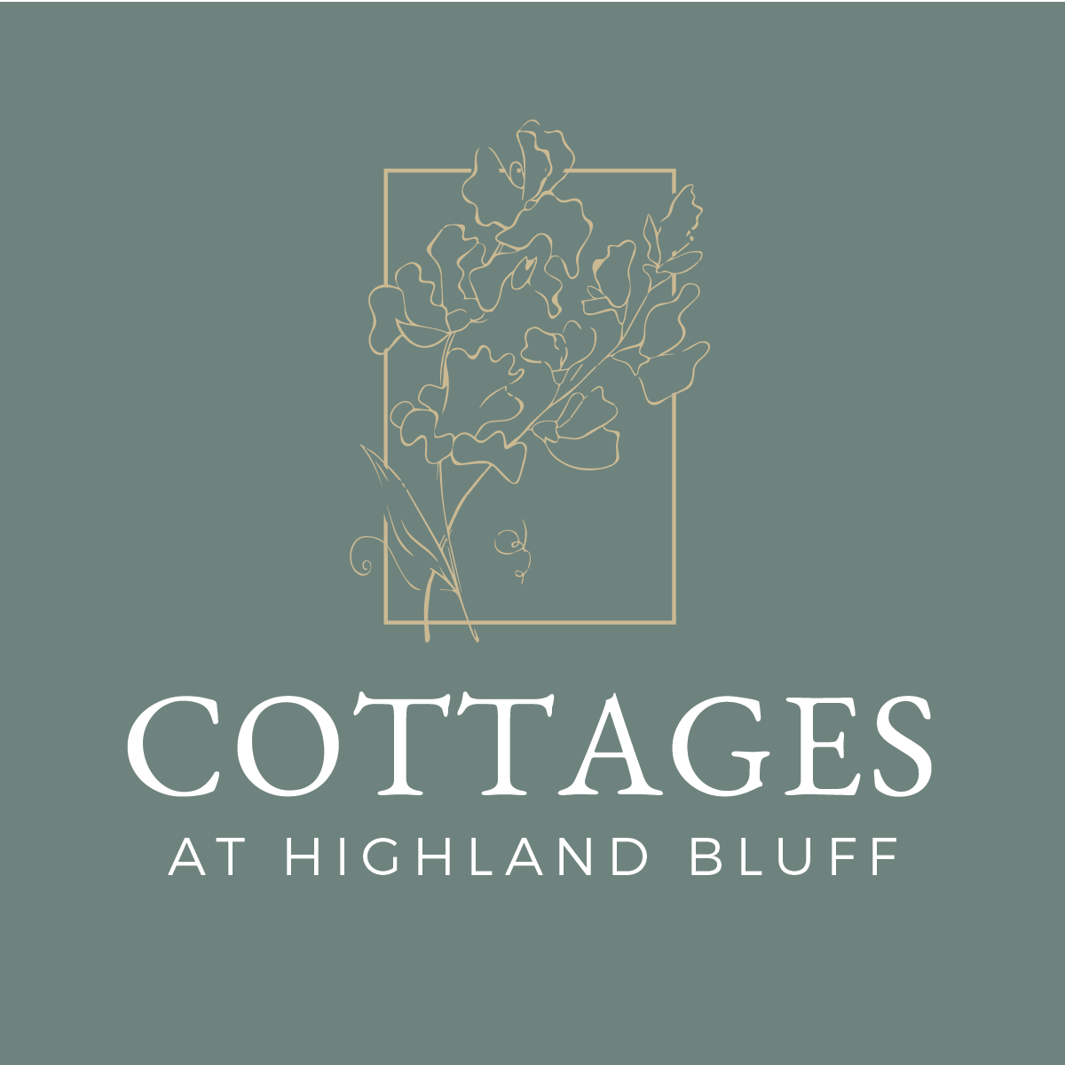 A logo for Cottages at Highland Bluff with a floral design.