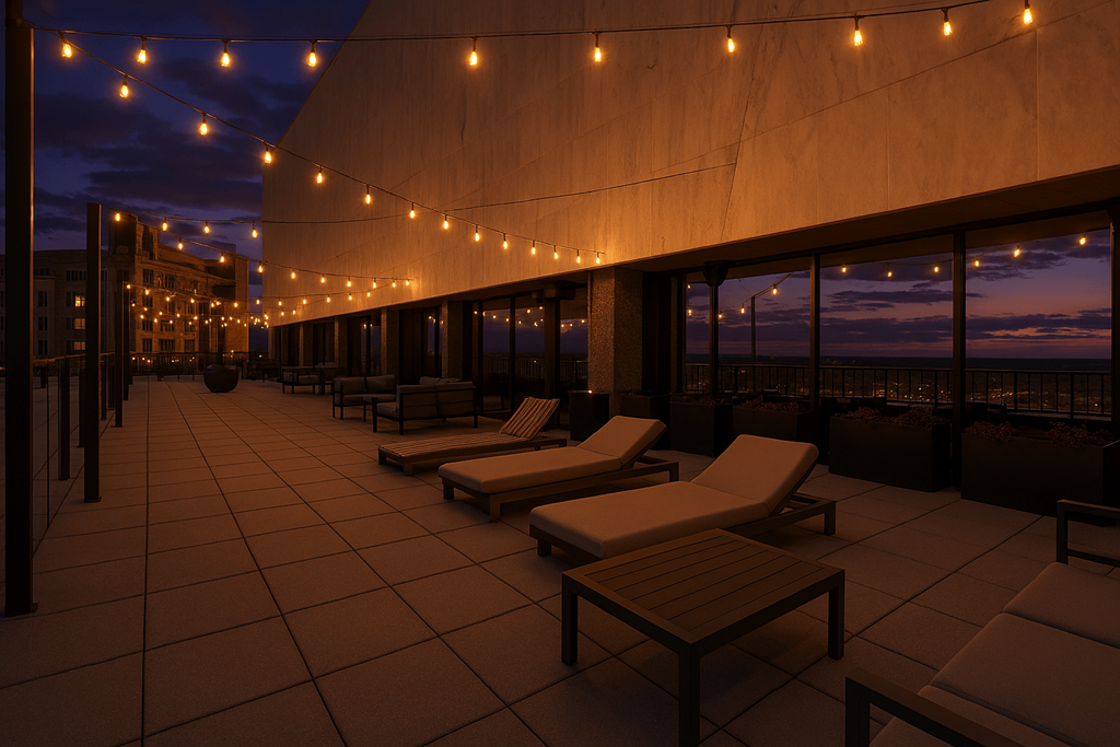 A rooftop patio with lounge chairs and string lights.
