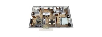 A 3D floor plan of a house with a kitchen, living room, and two bedrooms.