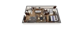 A 3D floor plan of a house with a kitchen, living room, and bedrooms.