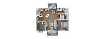 A 3D floor plan of a house with a kitchen, living room, and bathrooms.