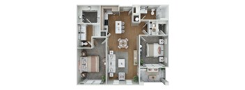 A 3D floor plan of a house with a kitchen, living room, and bathrooms.