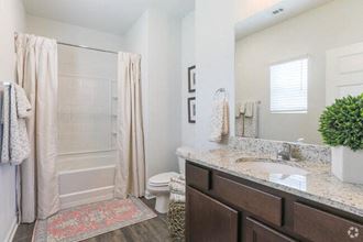 a bathroom with a sink and a shower and a toilet