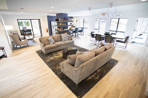 A living room with a couch and a rug.