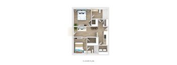 A floor plan of a small apartment with two bedrooms and a living area.