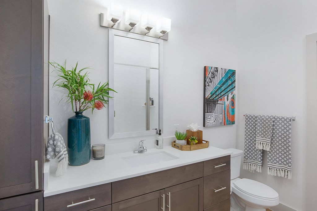a bathroom with a sink and a mirror and a toilet at The Monroe Apartments, Austin, Texas