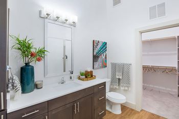 a bathroom with a sink and a mirror and a toilet at The Monroe Apartments, Austin, 78741