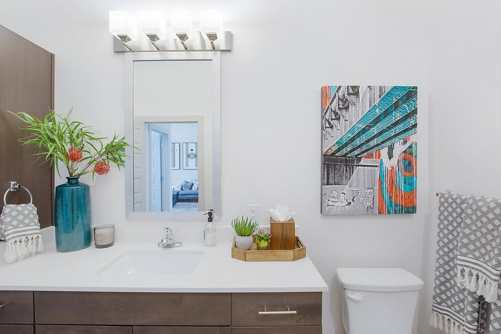 a bathroom with a sink and a toilet and a mirror at The Monroe Apartments, Austin, Texas