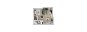 A top-down view of a modern apartment layout with a kitchen, living room, and bedroom.