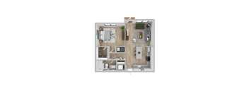 A top-down view of a modern apartment layout with a living room, kitchen, and bedrooms.