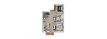 A top-down view of a small apartment with a kitchen, living room, and bathroom.