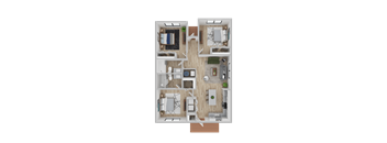 A top-down view of a house layout with multiple rooms and furniture.