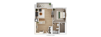 A floor plan of a small apartment with a living room, kitchen, and bathroom.