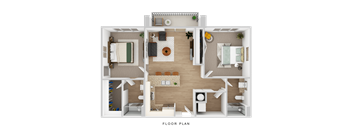 A floor plan of a house with a living room, dining room, kitchen, and two bedrooms.