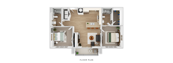 A floor plan of a house with a living room, dining room, kitchen, and two bedrooms.