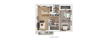 A floor plan of a house with a living room, kitchen, dining area, and two bedrooms.