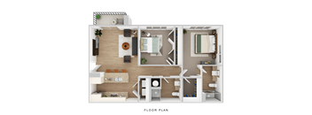 A floor plan of a house with a living room, dining room, kitchen, and two bedrooms.