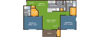 A floor plan of a house with a dining area, kitchen, two bathrooms, two bedrooms, a great room, and a deck.